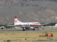 C-FFKF @ CYKA - Conair  Convair 340  (#44) aerial tanker departing for a fire action. ( Note: tail # 48 was lost at the end of July 2010 on a fire...RIP, guys, you are missed)