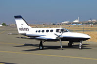 N26533 @ KCCR - Locally-based Cold Air 1979 Cessna 421C taxis for take-off at Buchanan Field - note oil refineries in background - by Steve Nation