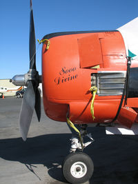 N328RB @ KCMA - CLOSE UP TITLES Sooo Divine on nose of North American T-28B in for maintenance at local T-28/P-51 shop - painted in VT-27 as D-718 - by Steve Nation
