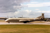 XV231 @ EGQS - Nimrod MR.2 of the Kinloss Maritime Wing turning onto Runway 23 at RAF Lossiemouth after a visit in September 1990. - by Peter Nicholson