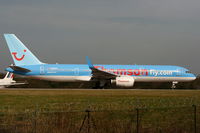 G-BYAX @ EGCC - Thomson B757 lining up on RW05L - by Chris Hall