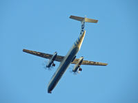 G-JEDJ @ EGNS - Flybe Dash 8 G-JEDJ approaching Runway 08 with an arrival from Gatwick - by Manxman