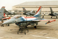 J-251 @ EGVA - F-16A Falcon, callsign Mission 1801, of 313 Squadron Royal Netherlands Air Force in the 1994 display markings on the flight-line at the 1994 Intnl Air Tattoo at RAF Fairford. - by Peter Nicholson