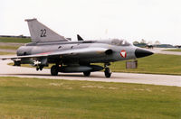 22 @ WTN - Saab Draken of the Austrian Air Force taxying to the active runway at RAF Waddington in May 1995. - by Peter Nicholson