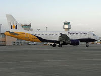 G-MRJK @ EGNS - Monarch A320 G-MRJK Pushed back from stand - by Manxman