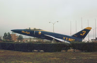 141882 @ NPA - F-11A Tiger in Blue Angels markings as gate guardian to Pensacola Regional Airport in November 1979.  Can any viewer supply the Bu. number for this aircraft please? - by Peter Nicholson