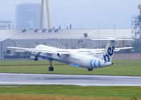G-ECOA @ EGAC - nice swirls off the props as this flybe Dash-8 departs from Belfast City Airport - by Chris Hall