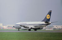 D-ABEO @ LHR - Boeing 737-130 named Gottingen of Lufthansa preparing for take-off on Runway 27L at Heathrow in November 1974. - by Peter Nicholson