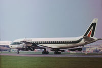I-DIWS @ LHR - DC-8-43 named Leone Pancaldo of Alitalia preparing for take-off on Runway 27L at Heathrow in November 1974. - by Peter Nicholson