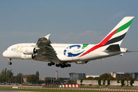 A6-EDN @ EGCC - Emirates A380 wearing Rugby World Cup 2011 special scheme - by Chris Hall