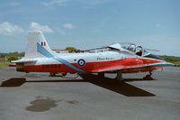 G-JPTV @ EGFH - Previously in a yellow and blue colour scheme. Seen newly repainted in RAF Poachers aerobatic team colours representing the lead aircraft XW354 in the mid 1970's. This aircraft was  XW355 in RAF service. Operated by Gower Jets from Swansea Airport. - by Roger Winser