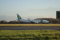 PH-HSE @ EHGG - The braking Transavia 798 which is just landed runway 23.