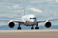 N787FT @ GTF - Boeing 787-8 taxiing at GTF on a VERY Windy day! (note sensor hanging from the top of the tail) - by Jim Hellinger