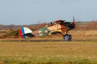 G-BNAI @ EGFH - Visiting Boredom Fighter arriving from Haverfordwest. Coded 5 in the markings of the WWI 94th Aero (Pursuit) Squadron, US Army Air Service. - by Roger Winser