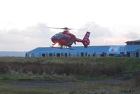 G-WASC @ EGFH - Helimed 59. Wales Air Ambulance's newest helicopter replaced G-WAAS as the mid-Wales helicopter on 2nd November 2012. Fitted with weather RADAR, the helicopter is seen departing for it's Welshpool Airport base at dusk. - by Roger Winser