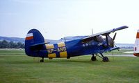 SP-ANG @ LSZG - Antonov An-2T [1G26-17] Grenchen~HB 12/08/1997. Although cancelled on 2001-01-11 this was still wearing this registration when seen at Rybnik-Zorska~SP in 2011 SP-KNG has been reserved.