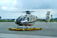 D-HEDY @ EDDP - Eurocopter EC.135T1 [0087] (IFA Internationale Flug Ambulanz) Leipzig-Halle~D 22/05/2004. Taken through coach window in the rain.