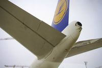 D-ABYA @ LSZH - Lufthansa 'Brandenberg' Boeing 747-8i tail cone section and rear stabilizer.