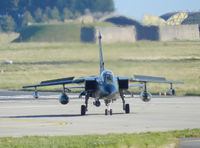 45 93 @ EGQL - JBG-33 Tornado IDS Returns to Leuchars after an afternoon joint warrior sortie carrying 2x 330gal tanks,1x BOZ-101 chaff/flare pod,1xCerebrus III ECM pod
1x AIM-9L Sidewinder (AR),1x Lightning laser pod,1x IRIS-T - by Mike stanners