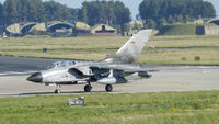 46 24 @ EGQL - a JBG-32 Tornado ECR Returns to Leuchars after a joint warrior mission carrying 2x 330gal wing tanks,1x BOZ-101 chaff/flare pod,1xCerebrus III ECM pod
1x AIM-9L Sidewinder (AR),1x IRIS-T AAM - by Mike stanners