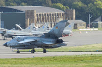 46 46 @ EGQL - JBG-32 Tornado ECR Returns from a joint warrior sortie carrying 2x 330gal wing tanks,1x BOZ-101 chaff/flare pod,1xCerebrus III ECM pod
1x AIM-9L Sidewinder (AR),1x IRIS-T AAM - by Mike stanners