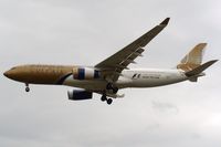 A9C-KC @ EGLL - On finals to runway 27L with 'F1 Bahrain Grand Prix 2008' titles. Previously A4O-KC and F-WWKL (test registration). Operated by Gulf Air. - by Glyn Charles Jones