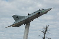 35550 @ ESSL - Saab J35F fighter mounted on a pole at the parking area of the Saab plant at Linköping in Sweden.