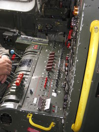 N529B @ CMA - 1944 Boeing B-29 SUPERFORTRESS 'FIFI', four Wright R3350-42 Cyclone 18 turbocharged engines 2,200 Hp each. Flight Engineer's control and instrument panel faces aft behind copilot.. - by Doug Robertson