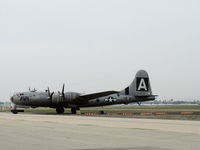 N529B @ CMA - 1944 Boeing B-29 SUPERFORTRESS 'FIFI', four Wright R3350-42 Cyclone 18 cylinder turbocharged radial engines 2,200 Hp each, taxi back on #2 and #3 engines after landing Rwy 26 - by Doug Robertson