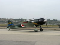 N712Z @ CMA - 1942 Mitsubishi A6M3 'Zero-Sen' (ZEKE), P&W R-1820 1,130 Hp upgrade from original Nakajima Sakai radial, taxi back from escorting N529B B-29 'FIFI' in formation overflights - by Doug Robertson