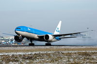 PH-BQK @ EHAM - KLM Boeing 777-200 kicking up snow while rotating for take off from Amsterdam Schiphol airport. - by Henk van Capelle