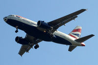 G-EUPX @ EGLL - Airbus A319-131 [1445] (British Airways) Home~G 09/08/2010 On approach 27R with football colouring on nose for 2010 World Cup and 2 posters below the cockpit.