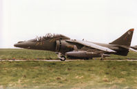 ZH664 @ EGQS - Harrier T.10 of 4 Squadron at RAF Wittering taxying to Runway 05 at RAF Lossiemouth in April 1996. - by Peter Nicholson