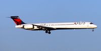 N919DN @ KFAR - Delta Airlines McDonnell-Douglas MD-90-30 landing on runway 18 in Fargo, ND.