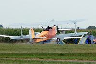 D-EOSM @ EDMT - Udet U.12a Flamingo (replica) [1785] (Flugwerft Schleissheim) Tannheim~D 24/08/2013.Still heading towards D-KKCN a photographer, tent and chap sitting in a chair. - by Ray Barber