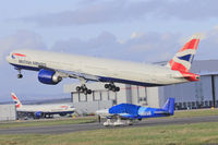 G-STBF @ EGFF - Boeing 777-336/BF, Speedbird 9172, departing runway 30 at EGFF en-route Heathrow.