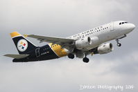 N733UW @ KSRQ - US Air Flight 1801 (N733UW) Pittsburgh Steelers departs Sarasota-Bradenton International Airport enroute to Charlotte-Douglas International Airport - by Donten Photography