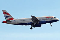 G-EUOG @ EGLL - Airbus A319-131 [1594] (British Airways) Home~G 14/08/2012. On approach 27L with revised scheme on the rear fuselage.