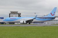 G-FDZT @ EGFF - Callsign, Thomson 46H, landing on runway 30 at EGFF, out of faro, showing open reverse thruster doors.