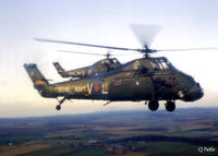 XT451 @ EGDY - Scanned from print. Wessex HU.5 XT451 coded V-L/B of 846 NAS air to air between Barry Buddon, Carnoustie and RM Condor, Arbroath, Angus in March 1979. In rear is XS513 coded V-P/B. The 'B' code reflects the Squadron is assigned to HMS Bulwark (R08). - by Clive Pattle