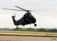 XR529 @ EGQL - Scanned from print. RAF Wessex XR529 coded 'E' of 72 Sqn lands at RAF Leuchars (EGQK for the 1995 Battle of Britain open day. - by Clive Pattle
