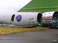 XZ286 @ EGQK - Scanned from print - rear fuselage section of Nimrod AEW.3 XZ286/8968M pictured at the BDRT section at RAF Kinloss in Feb '96. Alongside is a portion of Comet 4C XR396/G-BDIU - by Clive Pattle