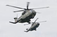 ZJ120 @ EGFP - Rapier Formation. Merlin helicopter ZJ120 coded D leads ZJ134 coded S (both from 28 Squadron RAF) about to land at Pembrey Airport. - by Roger Winser
