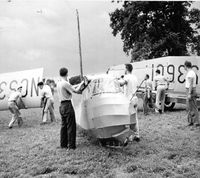 N53601 - From a collection of photos showing a Michigan glider club and Frankfort Sailplane B2-39, NC53601.  This collection shows the glider on its trailer w/late 1920's sedan, Model A  coupe towing Ford flathead V-8 powered winch, assembly, flight, and members. - by Unknown