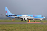 G-FDZU @ EGFF - 737-8K5, Thomson Airways, call sign Thomson 633, previously N1796B, seen landing on runway 12 at EGFF, reverse thruster doors open, out of Palma Mallorca.