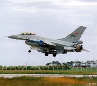 660 @ EGQS - Scanned from print. RNoAF F-16AM '660' landing at RAF Lossiemouth during a TLT (Tactical Leadership Training) Course in the summer of '96 - by Clive Pattle