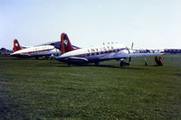 G-AHOY @ EGMH - Two Vickers Viking-Mark 1 = G-AHOY and G-AIVF - taken at Manston, Kent, UK in spring of 1966.  Scanned from original slide. - by Neil Henry