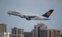 D-AIMC @ MIA - Lufthansa A380 departing in front of the Miami Airport Hilton