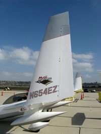 N654EZ @ CMA - 2006 VOLOVSEK Rutan LONG-EZE, Lycoming IO-320-B1A 160 Hp,  MAGIC CARPET RIDE logo, and under wing cargo pods - by Doug Robertson