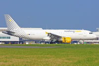 EC-MCU @ EGFF - A320-214, previously D-AVVA, 9K-EAC, EL-ERX, A6-RKB, EI-ERX, callsign Vueling 1241, landing on runway 12 out of Alicante.